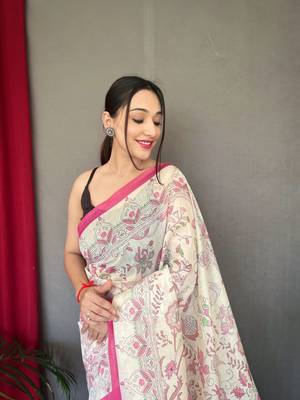 Rani Pink Cotton Blend  Kalamkari Print Rich Pallu Saree With Blouse 2