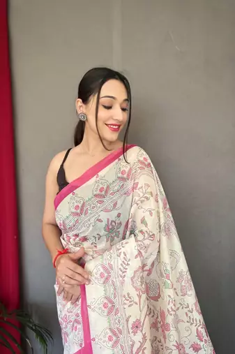 Rani Pink Cotton Blend  Kalamkari Print Rich Pallu Saree With Blouse