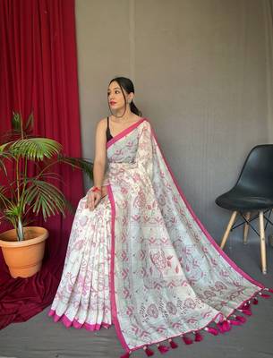 Rani Pink Cotton Blend  Kalamkari Print Rich Pallu Saree With Blouse 3