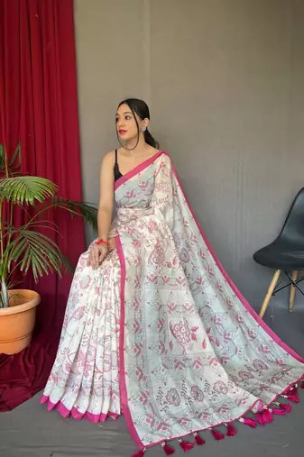 Rani Pink Cotton Blend  Kalamkari Print Rich Pallu Saree With Blouse