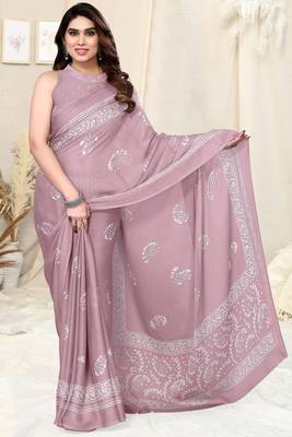 Dusty Pink Chiffon Paisley Batik Print Saree With Unstitched Blouse Piece 1