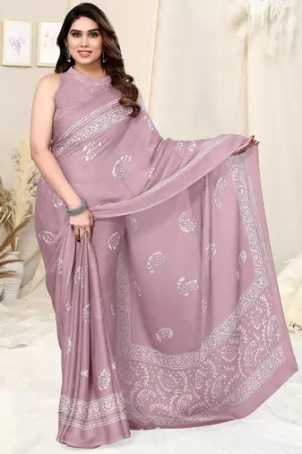 Dusty Pink Chiffon Paisley Batik Print Saree With Unstitched Blouse Piece