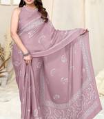 Dusty Pink Chiffon Paisley Batik Print Saree With Unstitched Blouse Piece