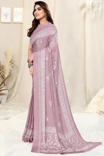 Dusty Pink Chiffon Paisley Batik Print Saree With Unstitched Blouse Piece