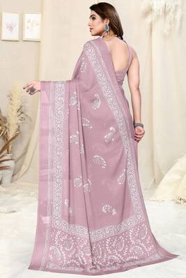 Dusty Pink Chiffon Paisley Batik Print Saree With Unstitched Blouse Piece 3
