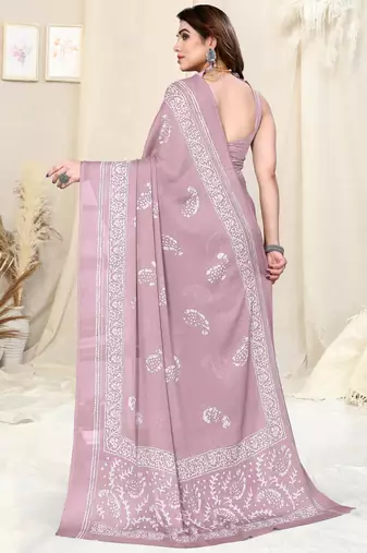 Dusty Pink Chiffon Paisley Batik Print Saree With Unstitched Blouse Piece