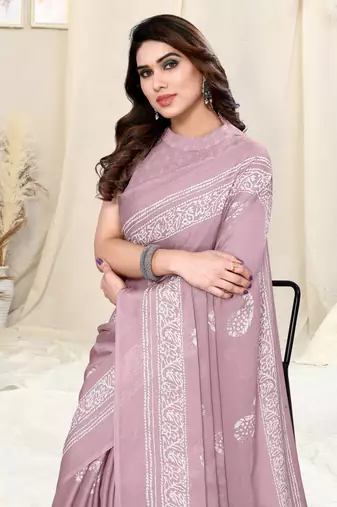 Dusty Pink Chiffon Paisley Batik Print Saree With Unstitched Blouse Piece