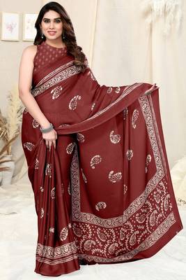 Maroon Chiffon Paisley Batik Print Saree With Unstitched Blouse Piece 1