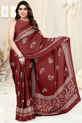 Maroon Chiffon Paisley Batik Print Saree With Unstitched Blouse Piece