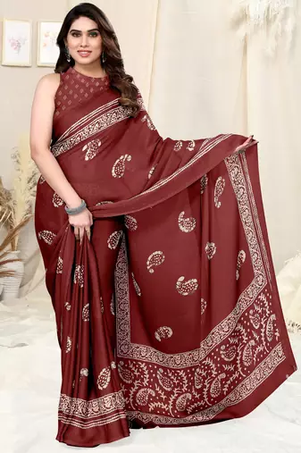 Maroon Chiffon Paisley Batik Print Saree With Unstitched Blouse Piece
