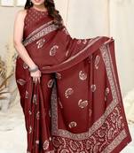 Maroon Chiffon Paisley Batik Print Saree With Unstitched Blouse Piece