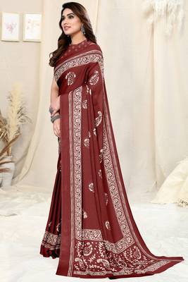 Maroon Chiffon Paisley Batik Print Saree With Unstitched Blouse Piece 2