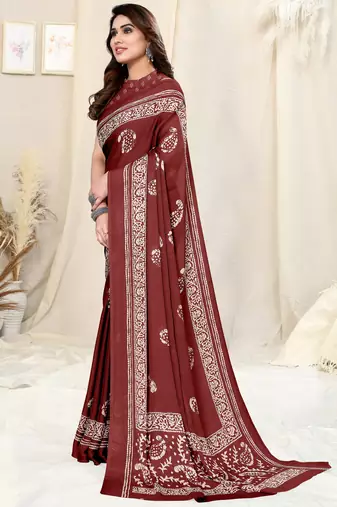 Maroon Chiffon Paisley Batik Print Saree With Unstitched Blouse Piece