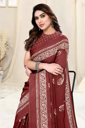 Maroon Chiffon Paisley Batik Print Saree With Unstitched Blouse Piece