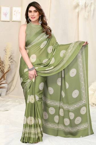 Pista Green Chiffon Block Print Saree With Unstitched Blouse Piece