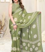Pista Green Chiffon Block Print Saree With Unstitched Blouse Piece