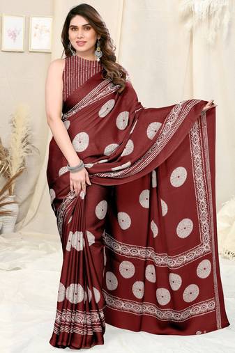 Maroon Chiffon Block Print Saree With Unstitched Blouse Piece