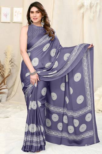 Purple Chiffon Block Print Saree With Unstitched Blouse Piece