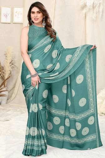 Dusty Teal Chiffon Block Print Saree With Unstitched Blouse Piece
