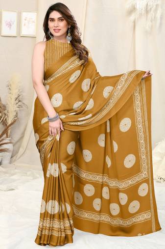 Mustard Chiffon Block Print Saree With Unstitched Blouse Piece