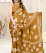 Mustard Chiffon Block Print Saree With Unstitched Blouse Piece