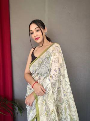 Women Light Parrot Malai Cotton And Kalamkari Print Rich Pallu Saree With Blouse For Women 2