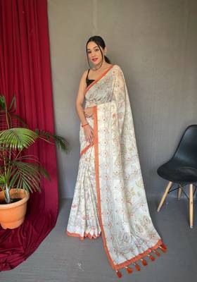 Orange Cotton Blend Kalamkari Print Rich Pallu Saree With Blouse 1