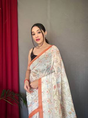 Orange Cotton Blend Kalamkari Print Rich Pallu Saree With Blouse 2