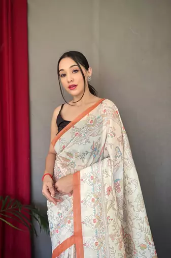 Orange Cotton Blend Kalamkari Print Rich Pallu Saree With Blouse