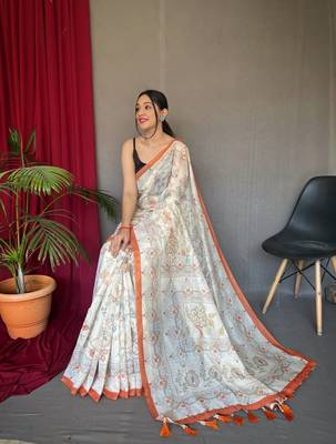 Orange Cotton Blend Kalamkari Print Rich Pallu Saree With Blouse 3