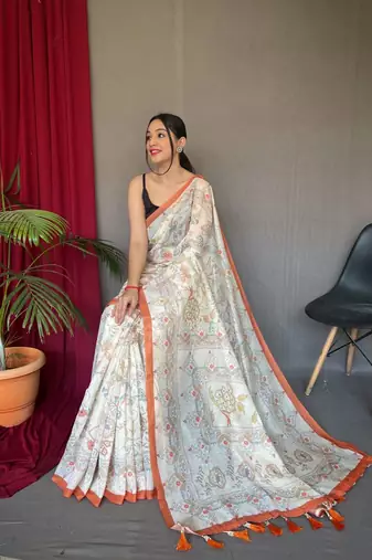 Orange Cotton Blend Kalamkari Print Rich Pallu Saree With Blouse