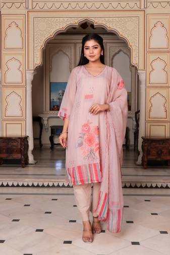 Women beige tabby slik print & embroidered kurta  pant & dupatta set