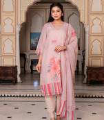Women beige tabby slik print & embroidered kurta  pant & dupatta set