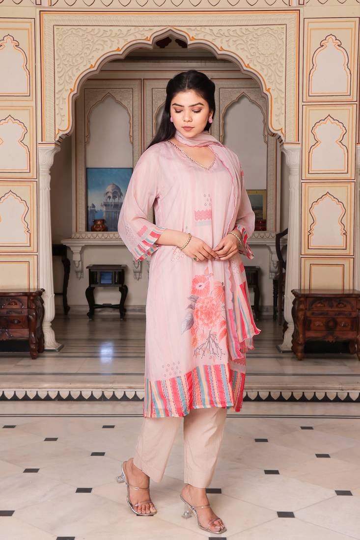 Women beige tabby slik print & embroidered kurta  pant & dupatta set