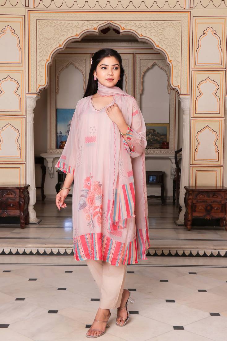 Women beige tabby slik print & embroidered kurta  pant & dupatta set