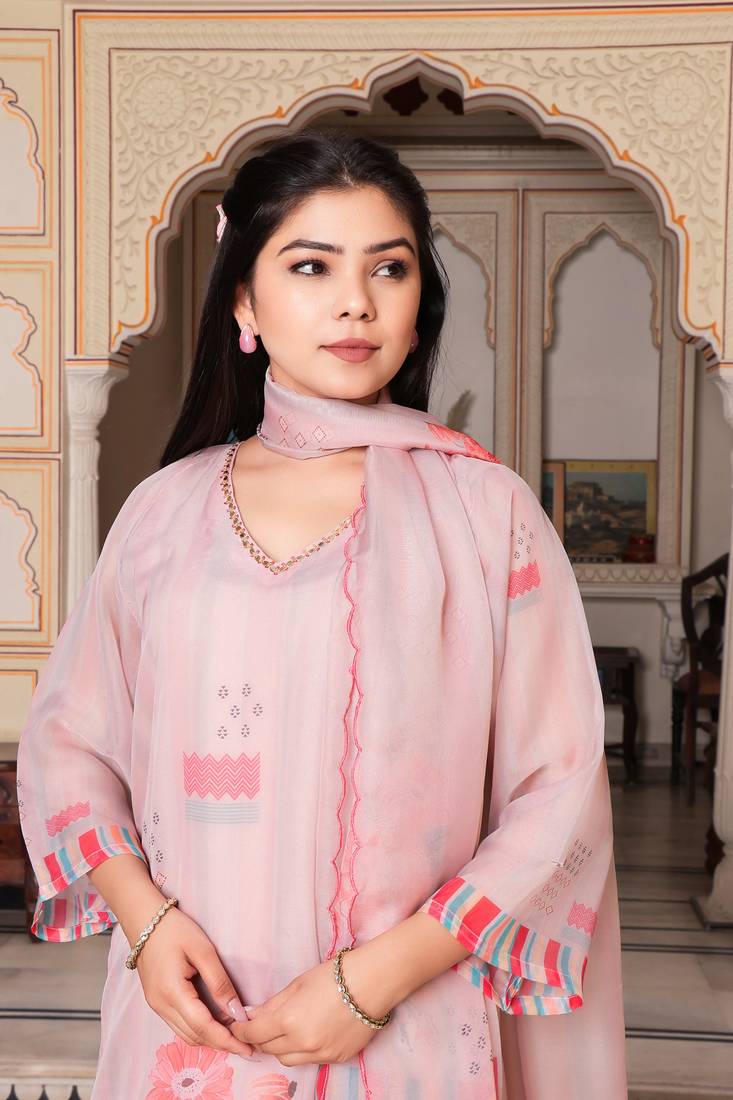 Women beige tabby slik print & embroidered kurta  pant & dupatta set