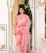 Women pink tabby slik print & embroidered kurta  pant & dupatta set