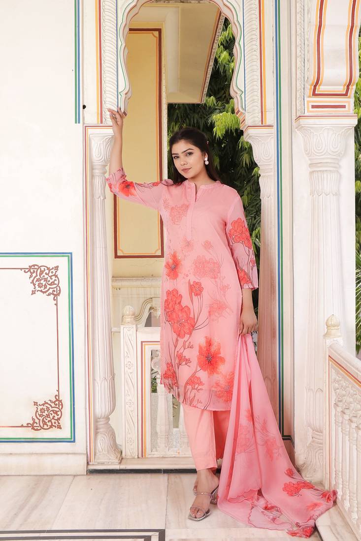 Women pink tabby slik print & embroidered kurta  pant & dupatta set