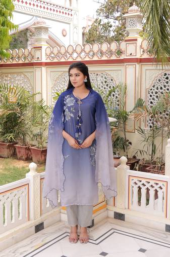 Women blue tabby slik print & embroidered kurta  pant & dupatta set