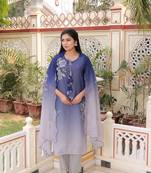 Women blue tabby slik print & embroidered kurta  pant & dupatta set