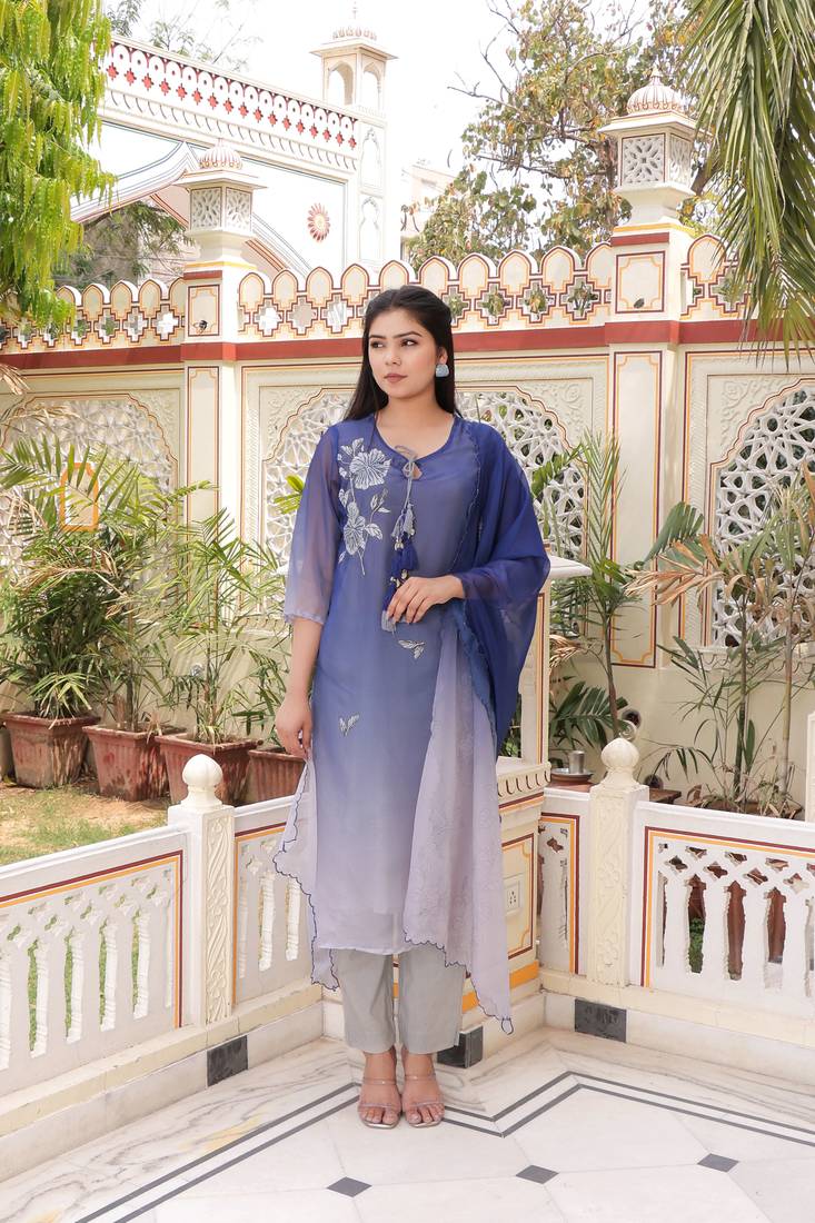 Women blue tabby slik print & embroidered kurta  pant & dupatta set