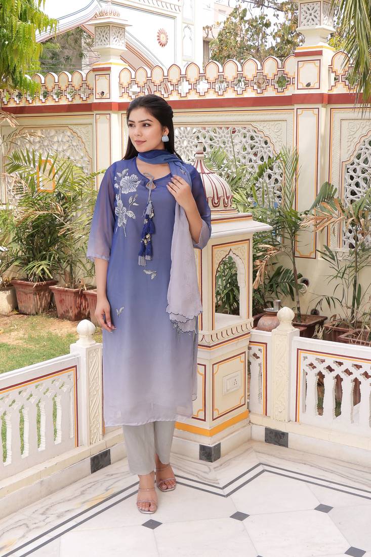 Women blue tabby slik print & embroidered kurta  pant & dupatta set