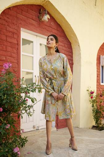 Women green muslin floral printed knee length dress