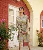 Women green muslin floral printed knee length dress