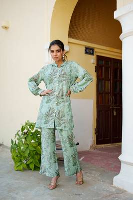 Women sky blue muslin embroidered shirt & pant set (co-ords set) 1
