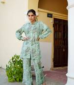Women sky blue muslin embroidered shirt & pant set (co-ords set)
