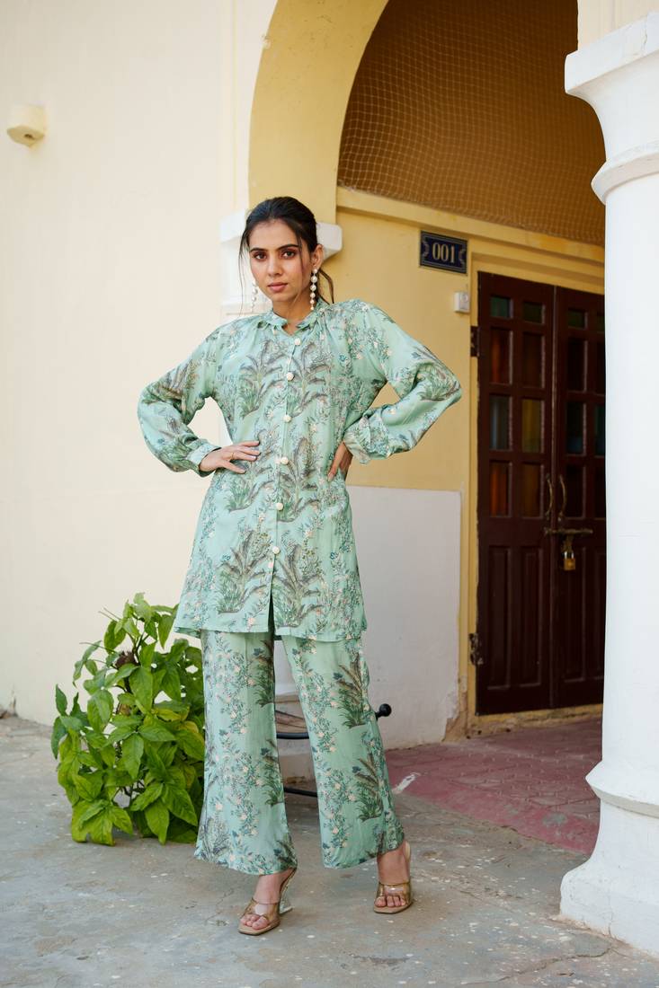 Women sky blue muslin embroidered shirt & pant set (co-ords set)