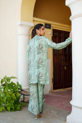 Women sky blue muslin embroidered shirt & pant set (co-ords set) 2
