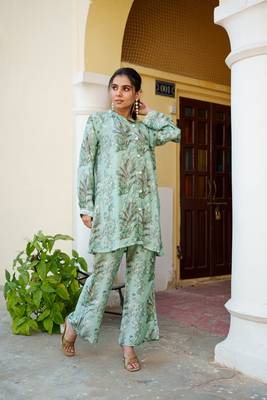 Women sky blue muslin embroidered shirt & pant set (co-ords set) 3