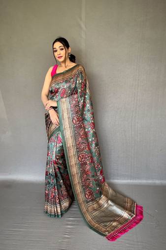 Green diva style of silk Bland zari Border degital Printed saree with Blouse